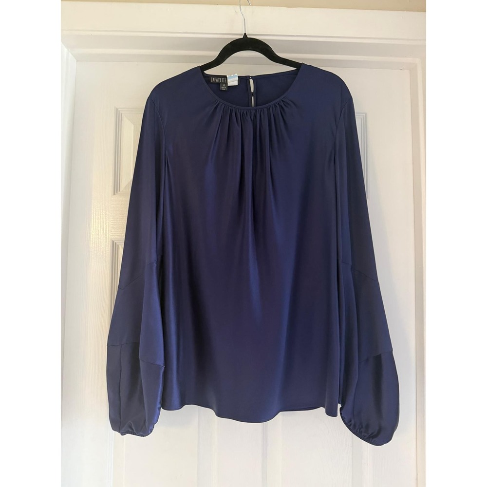Lafayette 148 Navy Blue 100% Silk Gathered Neck Balloon Sleeve Blouse Size 14‎